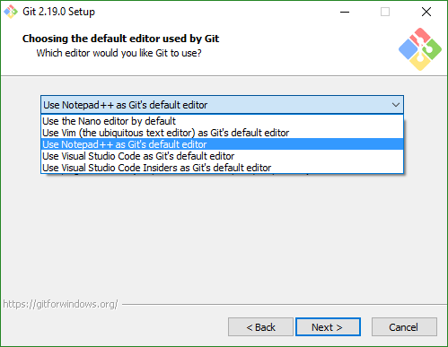 Install Git, Choosing the default editor used by Git screen